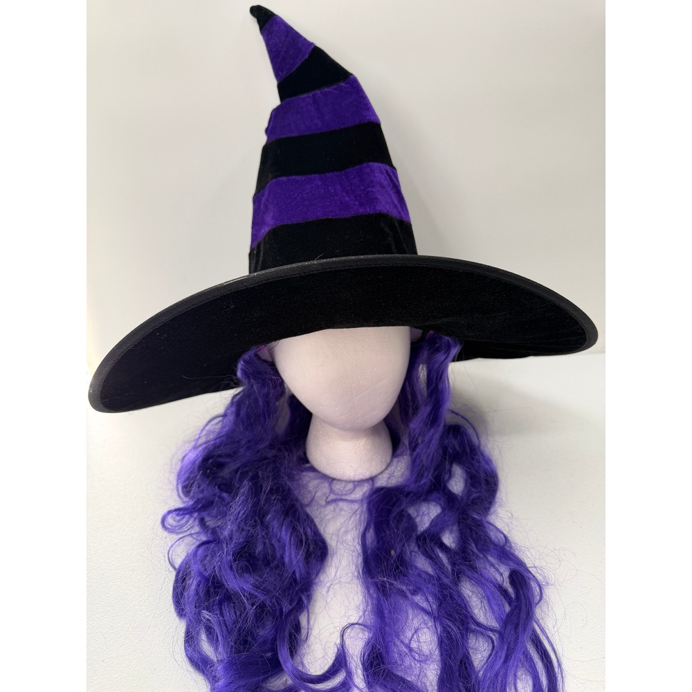 Aero Express Witch Hat with Purple Hair Attached Black Purple Striped Costume OS - Picture 2 of 10